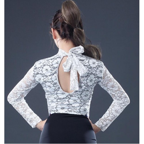 White flowers lace long sleeves fashion women's girl's female competition modern ballroom tango waltz latin dance tops